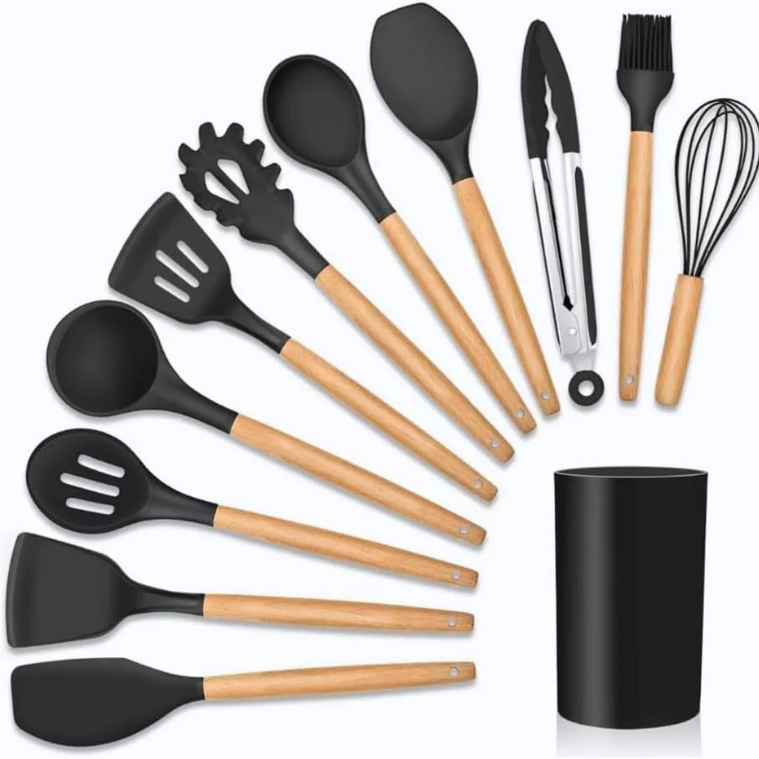 Kit 12 Utensílios de Cozinha em Silicone com Cabos de Madeira + Porta-Utensílios