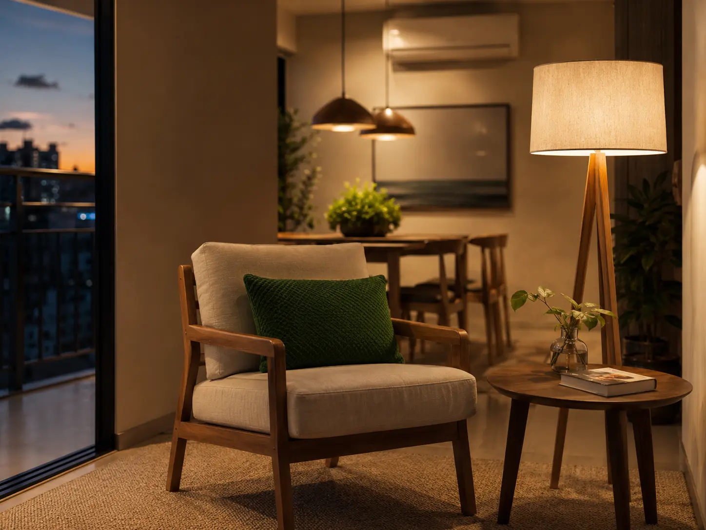 Sala iluminada por lâmpadas LED em pendentes e abajures, com luz quente e ambiente acolhedor