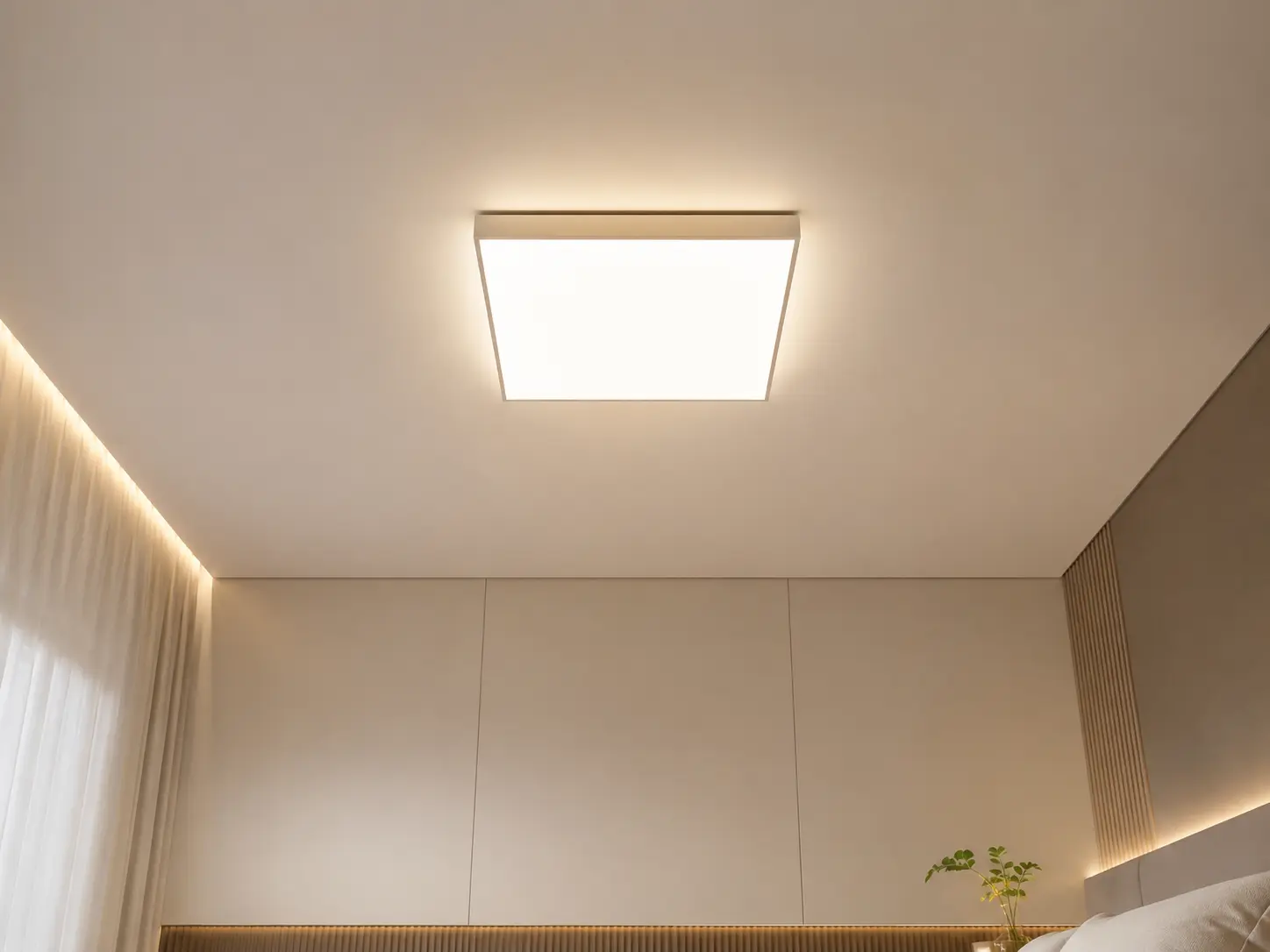 Plafon LED quadrado instalado no teto de uma sala iluminada uniformemente